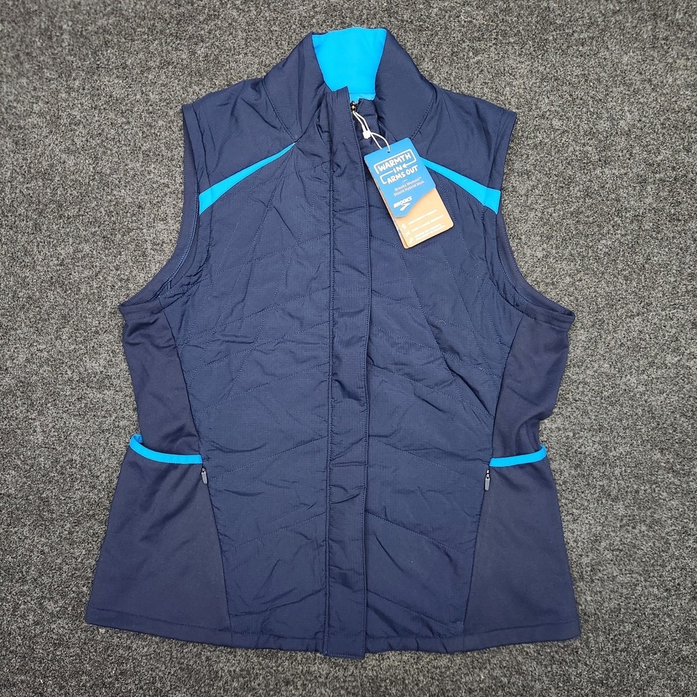 Brooks Shield Hybrid Vest Womens Medium Navy Blue Bolt Lightweight Run Happy